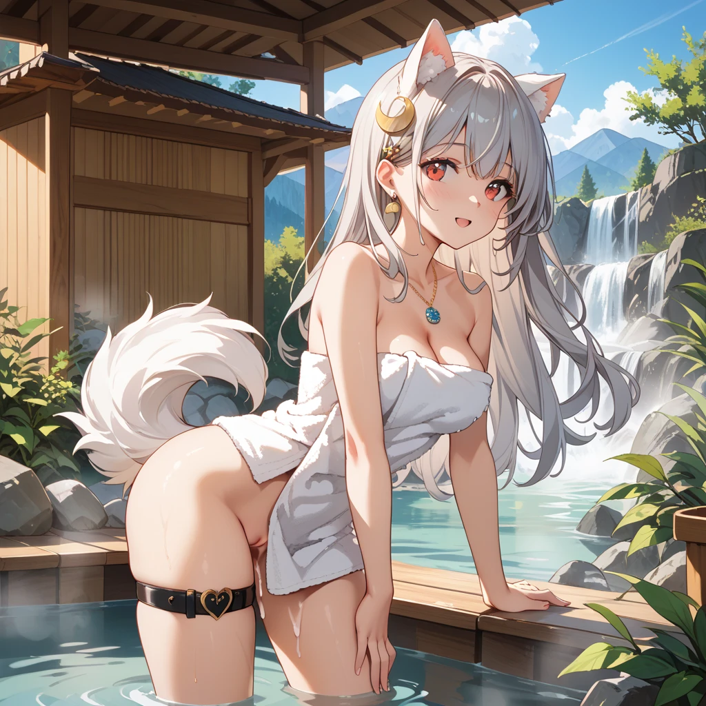masterpiece、top-quality、1girl in。(bathrobe:1.2), white hair,Red Eyes,(mare:0.8), (Fantastical:0.7), (A smile:0.8),fox ear,salon,wear bra, wear dress , wet clothes,wet hanging,salon, perfect body, perfect breast,((blush on: 1.2)),((fox-tails:1)), perfect big fox-tails, crop top, ((white legwear)),hair bobbles, tights, recumbent on the bed, hot, girl below, looking up,(( Wear dress)), white suit,((wet:1.3)), neckline, navel, t-shirt, ((bra)), clothes lift, tights, perfect face,((peeing:1.4))