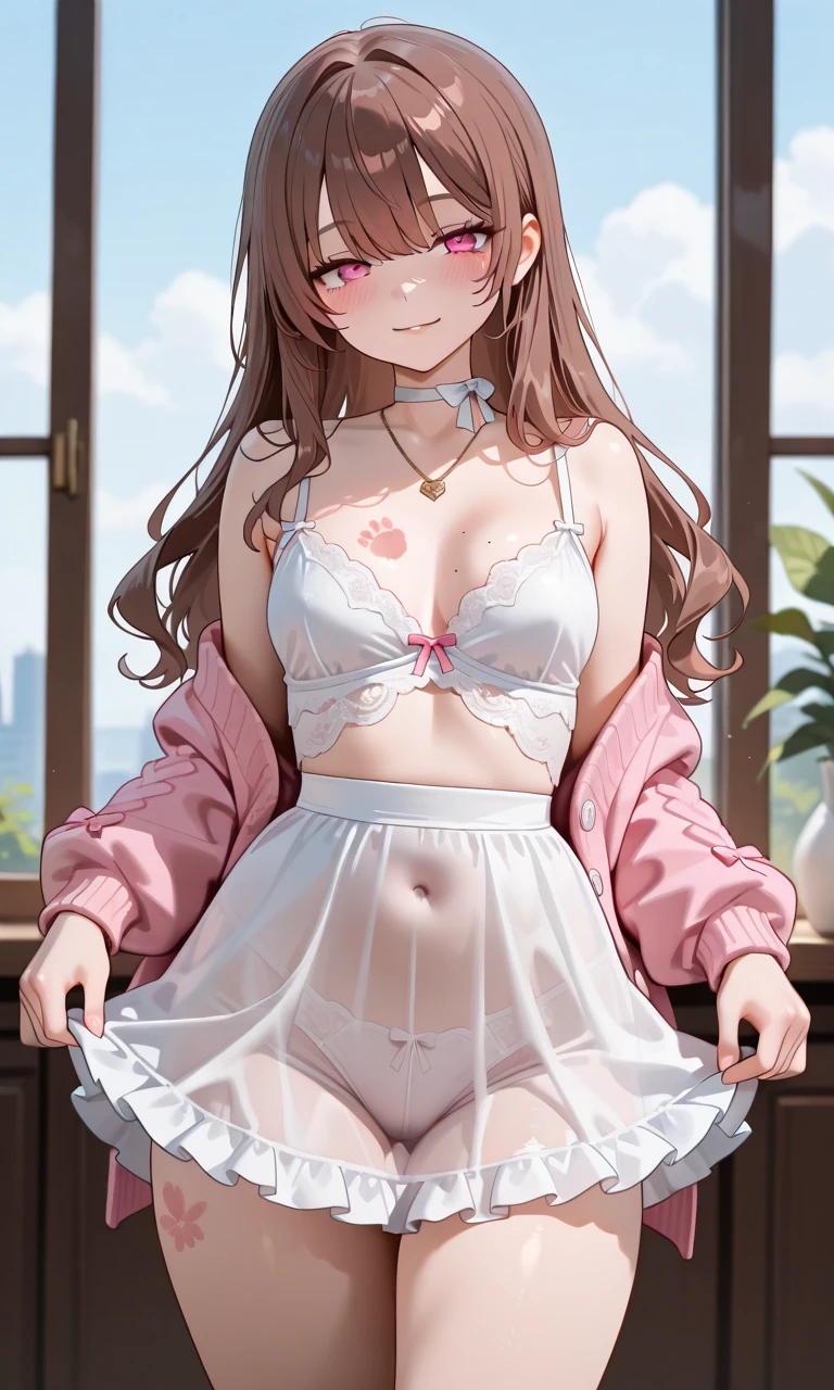beautiful illustrations, highest quality, pretty girl, 1girl, Bedroom, pastel colour, (two-separated lingerie), reddish brown long hair, headband, cute lingerie, bright lighting