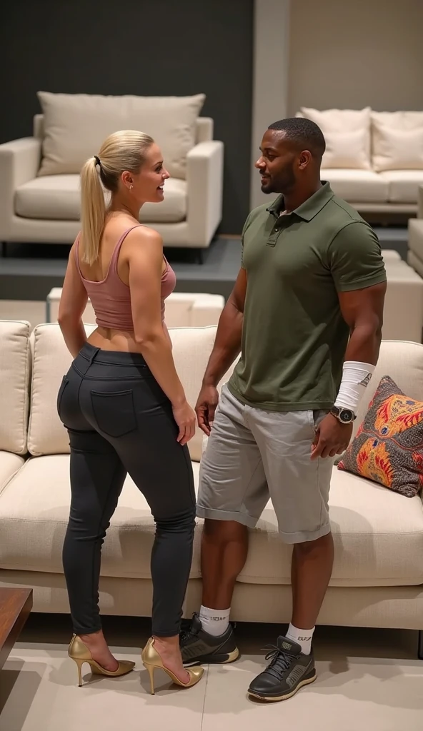 Chubby bbw thic fat blonde woman, chubby belly, blonde hair, wearing black bikini, standing-up in locker room, boyfriend hugging from behind, 4 men watching, kissing with boyfriend, heterosexual couple, 4 men, several man, romantic, love, view from the side