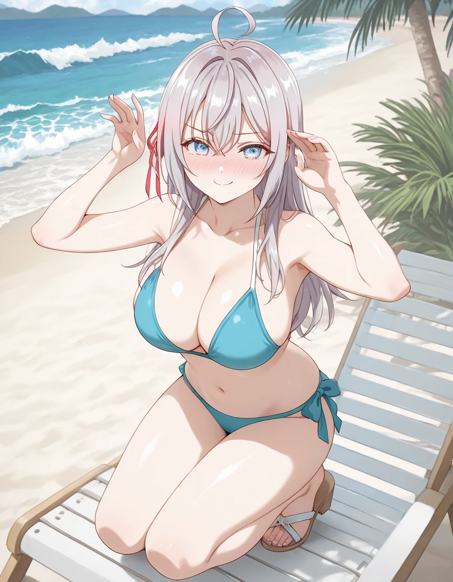 High level image quality best image quality 8K adult woman pool party rain palm trees more colors whole body view portrait bikini horn ears short hair((shortcut)(gray hair)(perm)(fluffy)) eye color is blue , , attractive evil face , smile , sexy pose , labrynth , arms behind head , barearm , legs split standing by the pool , wet hair , view foot arc