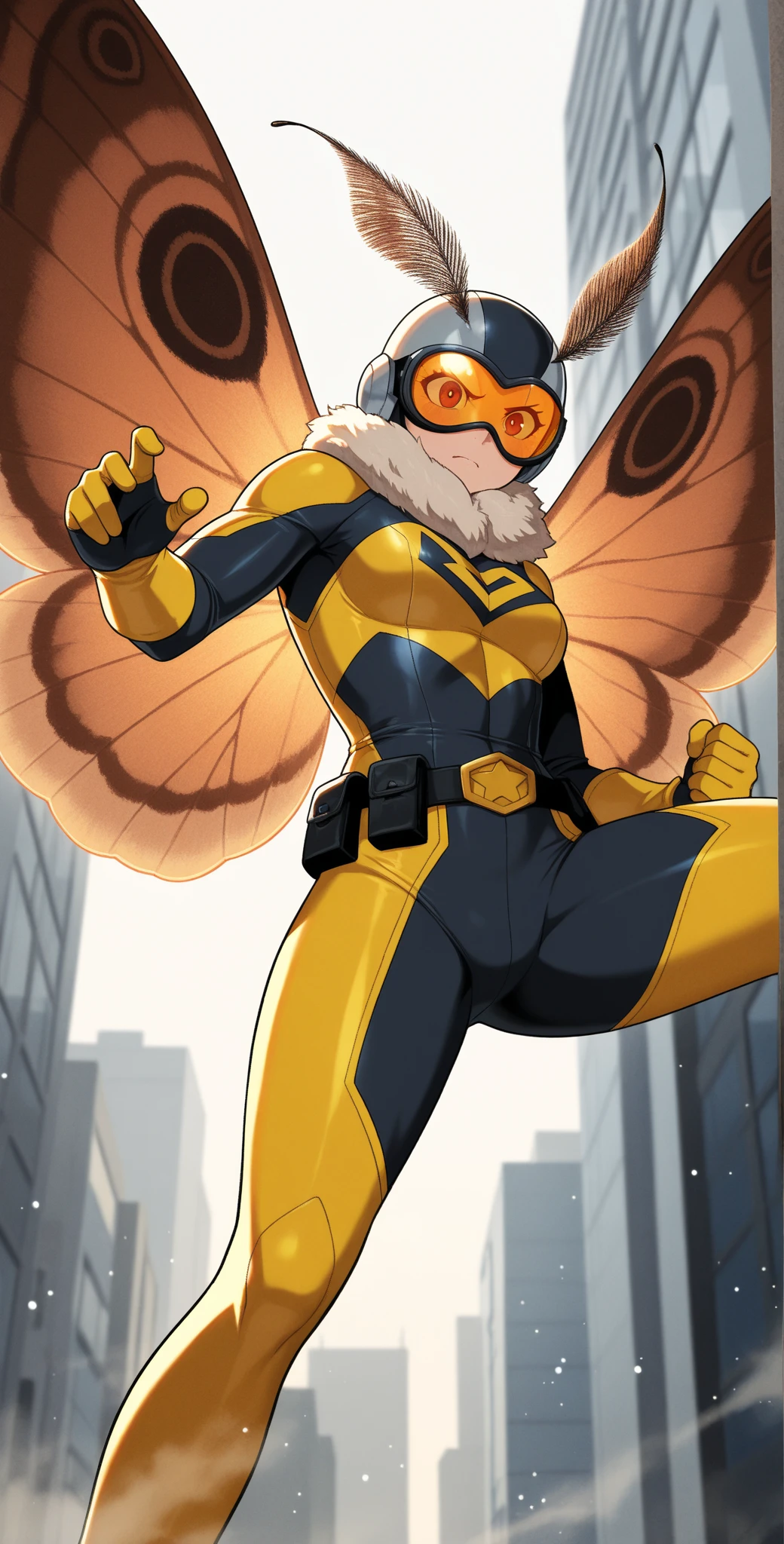 masterpiece+++++, alone, Fusion Satin and Insanely Shiny Wasp Yellow Exoskeleton Bio Insect Leotard, yellow and black striped boots, wasp transparent wings, Hornet antennae, Honeycomb Print, Yellow and black striped fur, Wicked Smile, Laugh cruelly, Open your mouth, Black hair streaks yellow hair, Large Breasts, dark heroine, Villain, Dynamic pose, Battlefield Background, (Clear details of the landscape)++,