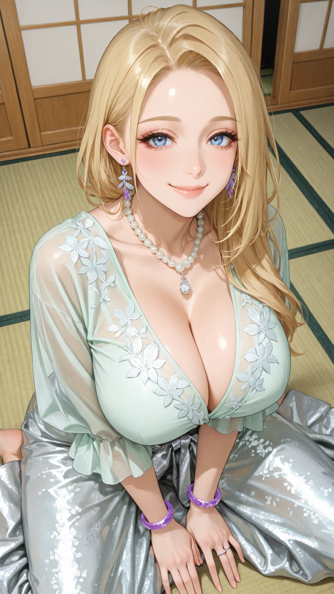8K quality、top-quality、On a table、super high image quality、ultra - detailed、Ultra-realistic hair textures、Vibrant colors、Beutiful women、long beautiful hair、shinny hair、Delicate hair、blue mesh、pony tails、eBlue eyes、Skin glows、lace underwear big breasts、Diagram of mole on chest、large pecs、The chest is particularly large、Sweaty forehead and cheeks、the butt is large、Fluffy off-the-shoulder yukata、A smile、soft pink lips、Surreal sensibility、Reddening cheeks、summer festival background