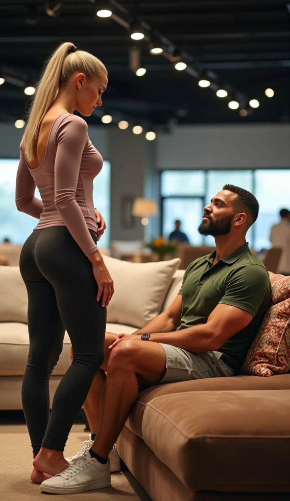 ( tall fitness woman Chloe Kardashian strong woman hands )(woman hands holding at neck of shorter man head at her neck level from behind )(standing whole body tall comparison) (very different tall heights)(wearing office manager )(close to windows ) . High resolution. 8K, very high definition,real people captured camera ., photo