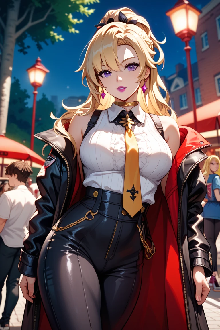 1girl, solo, long hair, bangs, purple eyes, blonde hair, very long hair, dusk, blush,
arm support, bare shoulders, sitting, city, cityscape, fountain, fantasy, pantyhose,
gloves, long sleeves, hat, dress, cleavage, jewelry, jacket, earrings, black gloves, black dress, coat, beret, short dress, red headwear, coat on shoulders,
<lora:gambler_meinamix:0.65>