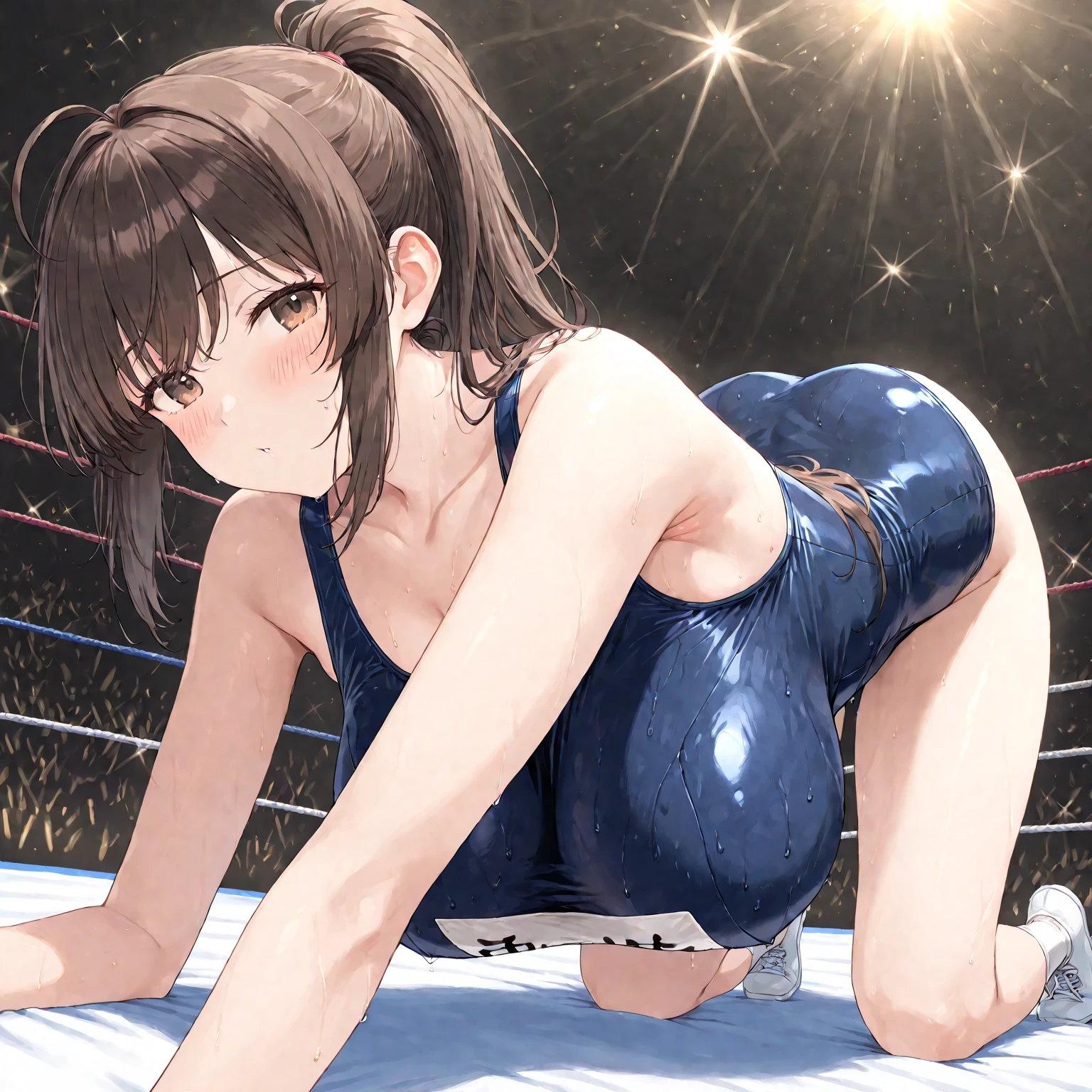 full body photographed、(highly detailed:1.2) ,ultra-detailed,top-quality,hight resolution,japanese mature woman,she is 35 years old,back facing,Big eyes、white sporty boots、knee brace,white competition swimsuit,gleaming skin,pro-wrestling venues、female pro-wrestler、（（On the ring of pro-wrestling：1.3））、tiny tit,skinny,(all-fours:1.3）,crying,open mouth,sweating,steam,shot from front,looking distantly.