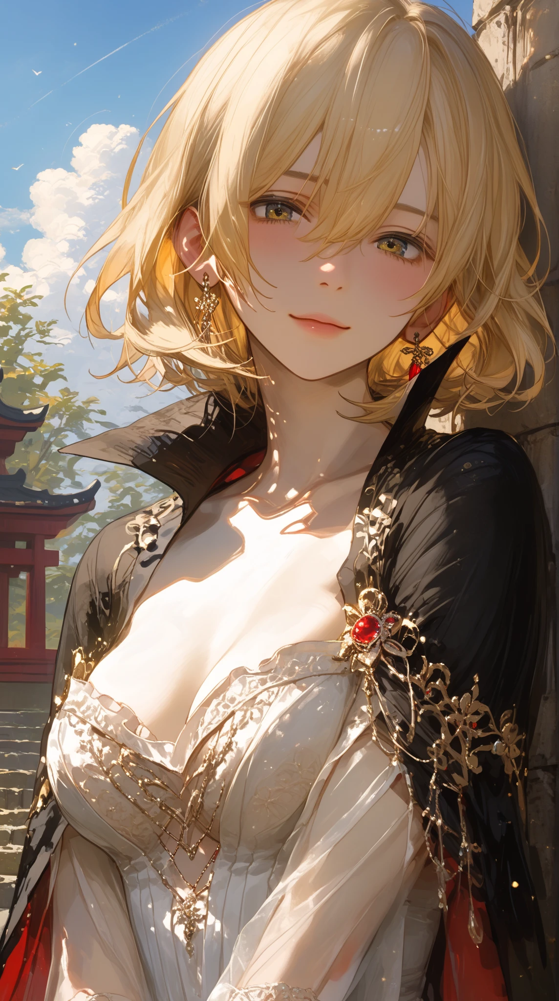 masterpiece, Maximize highest quality:1.5, Maximum highest beautiful and highest realistic 3D digital illustrations:1.5, maximum resolution, UHD, 16K, 1080p, ultra highest clear details, smooth, soft and clearly and most realistic skin texture and hair texture:1.5, highest beautiful detailed eyes texture:1.5, Amazing dynamic movement:1.5, Beautiful backgrounds with depth of field, Most beautiful natural light, Rule of thirds, Maximize every effect and present it in the ultimate quality, 1woman, sexy, cool beauty, 25years old, beautiful face sharp, elegant mature woman, Ultimate perfect body style, beautiful big breasts, Maximize upturned breasts, beautiful green eyes, shiny blonde hair, short hair, Shag cut, (eyes visible through hair:1.5), glossy very thick lips, pink lipstick, smile:1.5, A distinctive bandit with a detailed and complex outfit, featuring a leather armor with brass accents, a hood partially covering his face, a large sword gripped tightly, an eyepatch with a cross design, lively and animated pose, background of a mountain path,
