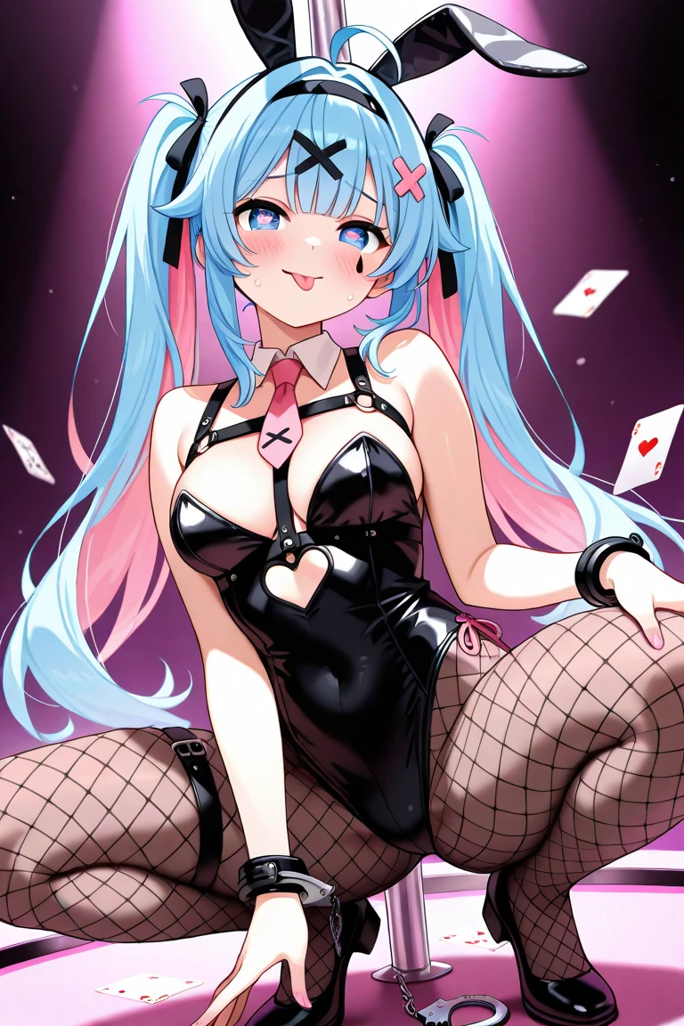 best quality, masterpiece, highres, solo, {helena_azurlane:1.15}, blue_hair, long_hair, ahoge, purple_eyes, breasts, blush, bangs, hair_ornament, smile, medium_breasts, hair_between_eyes, 1girl, animal_ears, bow, detached_collar, fake_animal_ears, leotard, looking_at_viewer, playboy_bunny, rabbit_ears, strapless, black_leotard, black_pantyhose, bowtie, cleavage, large_breasts, pantyhose, strapless_leotard, bare_shoulders, card, mouth_hold, one_eye_closed, playing_card, wrist_cuffs