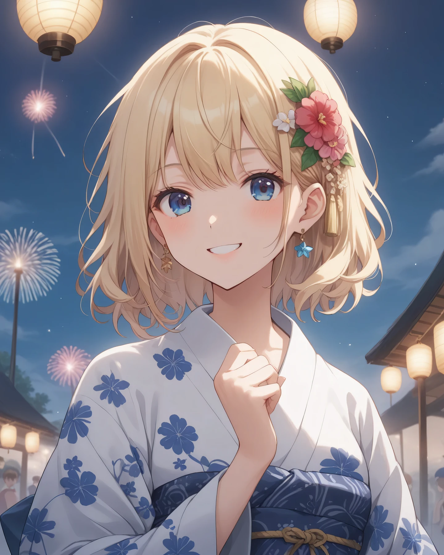 young Japanese woman wearing a yukata、anime style、beautiful night summer festival background、fireworks are shooting up in the night sky、Red and blue patterned yukata、smiling with a fan in her hand、hairstyle put together flower hair ornaments、lantern lights gently illuminate、Dynamic Composition、using delicate colors、High quality illustrations、, vivid colors、detailed background