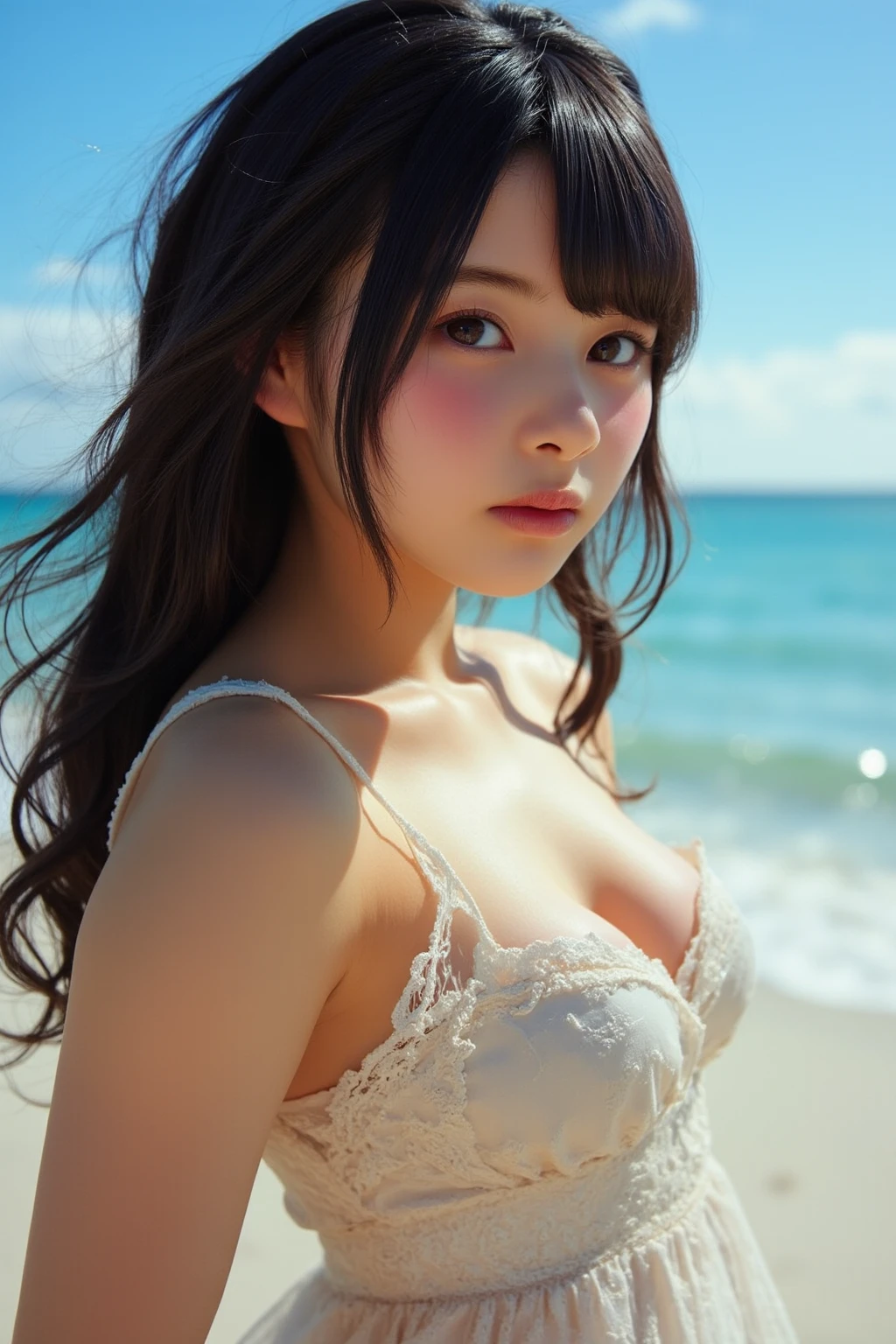 sunny ocean、White camisole dress、1 female、Real、Japanese、Highest quality、Glossy Skin、Big Breasts、upper body image、、sunset、With bangs、Long Hair