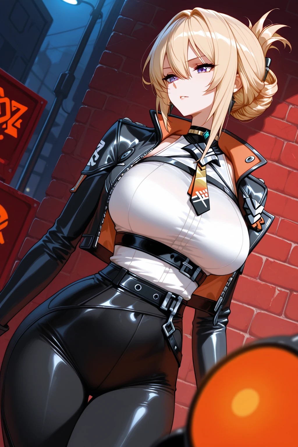 one woman,black t-shirt,Are standing,,((big breasts)),beautiful face,grin,long hair,straight hair,yellow hair,Orange red eyes,Navajo white background color,From before,anime style,high quality,American