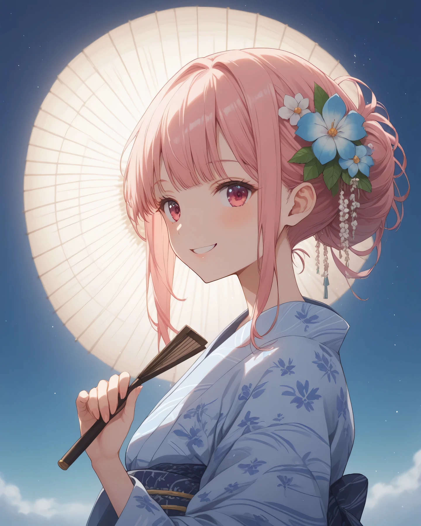 young Japanese woman wearing a yukata、anime style、beautiful night summer festival background、fireworks are shooting up in the night sky、Red and blue patterned yukata、smiling with a fan in her hand、hairstyle put together flower hair ornaments、lantern lights gently illuminate、Dynamic Composition、using delicate colors、High quality illustrations、, vivid colors、detailed background