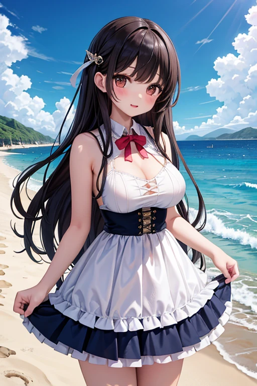 1 girl,Medium breasts,Looking at the audience, Smile, Sky,ocean, Areola, Swollen nipples,maid outfit