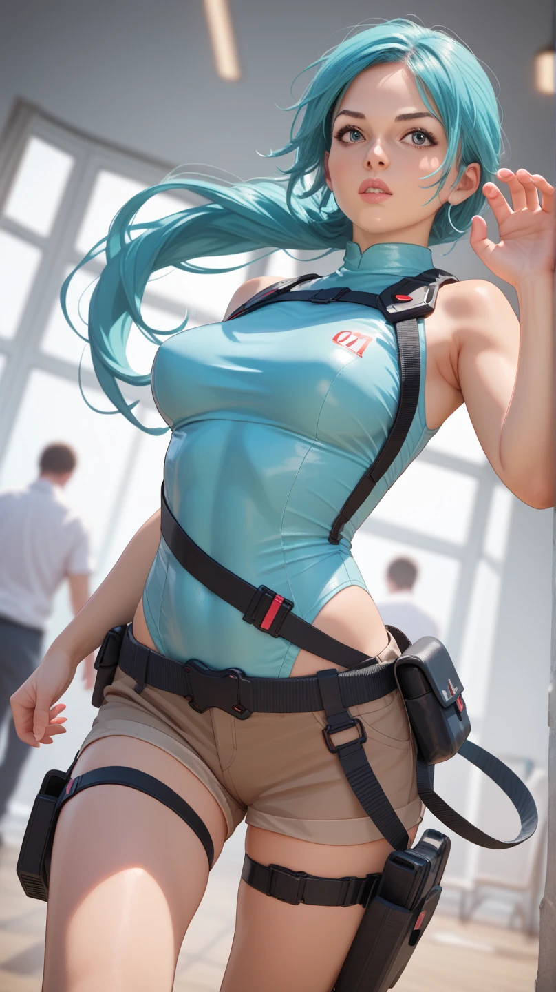 a girl, light blue hair, Hatsune Miku style hair, blue eyes, 20 years old, in berlin, modern city, accessories, sculptural body, best quality, masterpiece, busty, gym shirt, leggings.  , gigantic breasts, giga_busty