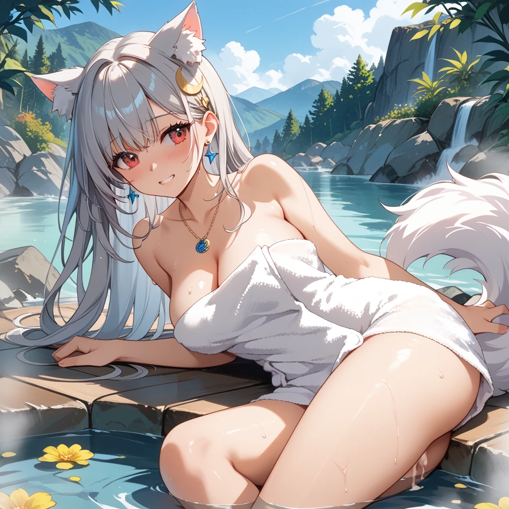 Cat Girl Beauty Big Tits White Liquid Bathing Open Legs Long Hair White Hair Bikini Smile Ao Dai