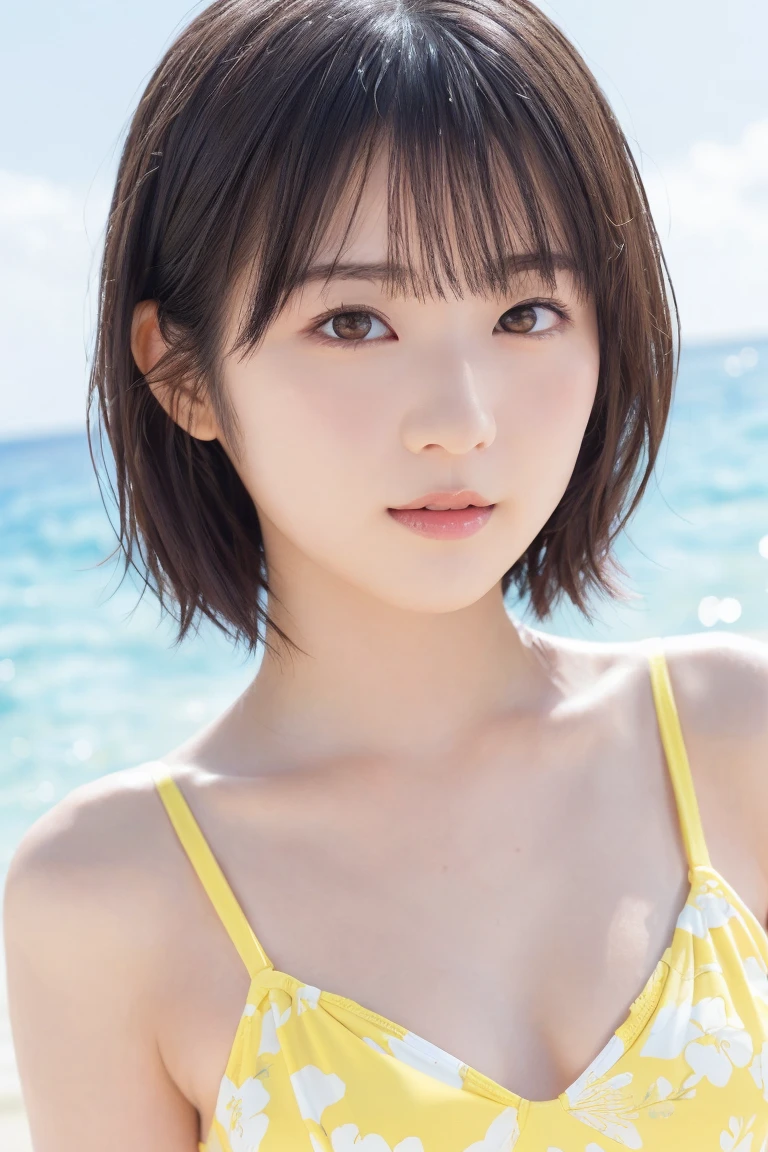 Masterpiece、Highest quality、((photograph))、((Realistic))、((High resolution))、Very detailed、Tabletop、gloss々Skin、Best image quality、Award-winning works、Cute school girl、女の子のポートレートphotograph、Glowing Skin、Brown Hair、((Big Breasts:1.3))、bikini、((Very Short Hair))、Waikiki Beach、A sparkling smile、Round face、Plump face、Wave、Palm tree、Swimwear、Oily skin