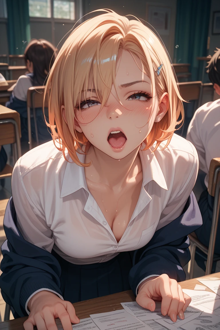 best quality,ultra-detailed,high resolution,extremely detailed CG,perfect anatomy,detailed,cinematic lighting,beautiful detailed eyes,ultra high res,pov,1girl,MILF,milf,gleaming skin,oil skin,large breasts,wide hips,skindantation,sweat,humid,clothed,curvy, (night:1.1),(moody lighting:1.3),(classroom:1.5),blue red pink white,dashed eyes,sheer bra,(seductive smile:1.8),(sweat:1.2),(open mouth:1.3),blonde,(serafuku:1.3),skirt,nsfw,(from above:1.5),kneeling floor,pov,(tongue out:1.7),(saliva trail:1.4),(drooling:1.4),look up,(handjob gesture:1.4)