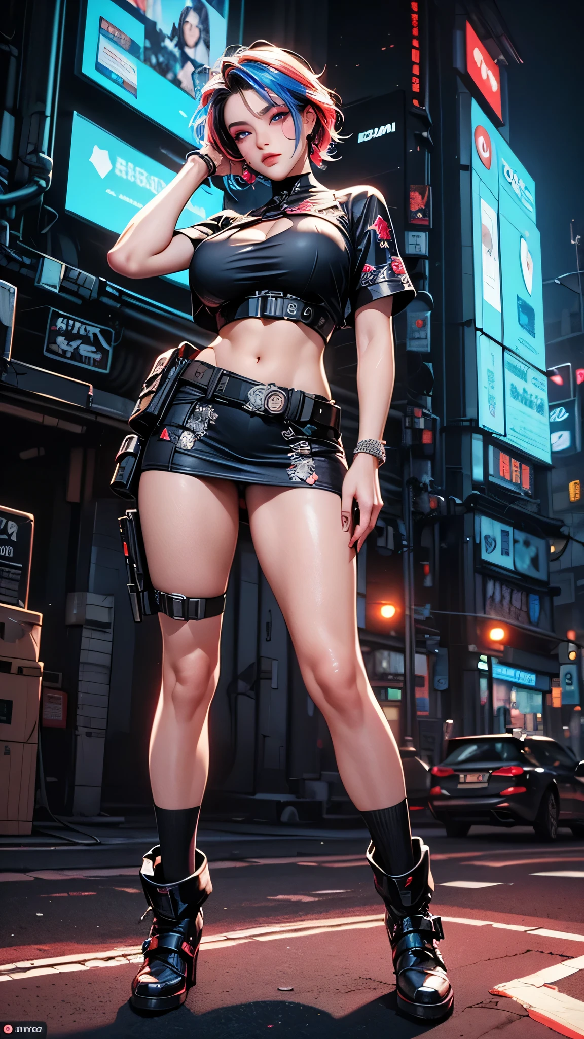 (((professional: step by step, considering even the smallest detail god level final result))): "Zettai Ryouiki, with medium light brown hair and two pigtails above her ears, 50% Revealing clothing, Show skin, ((Rave shirt, Low-cut shirt, Rave miniskirt, Visible thong straps)), (with a rave outfit:1.2, 50% Rave clothing), (Detailed outfit, Detailed clothing), (sexy walking pose), Solo focus, embarrassed, centered, Scale to fit dimensions, Rule of thirds, ((Night view)),(cyberpunk night street Background: 1.5, dark sky, alley, lonely alley, clouds thick, Background with intricate details), (Best quality),(high resolution),(Sharp focus),(intricate details),(Very high quality artwork),(very fine 8K CG),((perfect piece) ), (((Masterpiece))), illustration, vibrant colors, high contrast, selective lighting, double exposure, HDR (high dynamic range), Post-processing, Background blur"