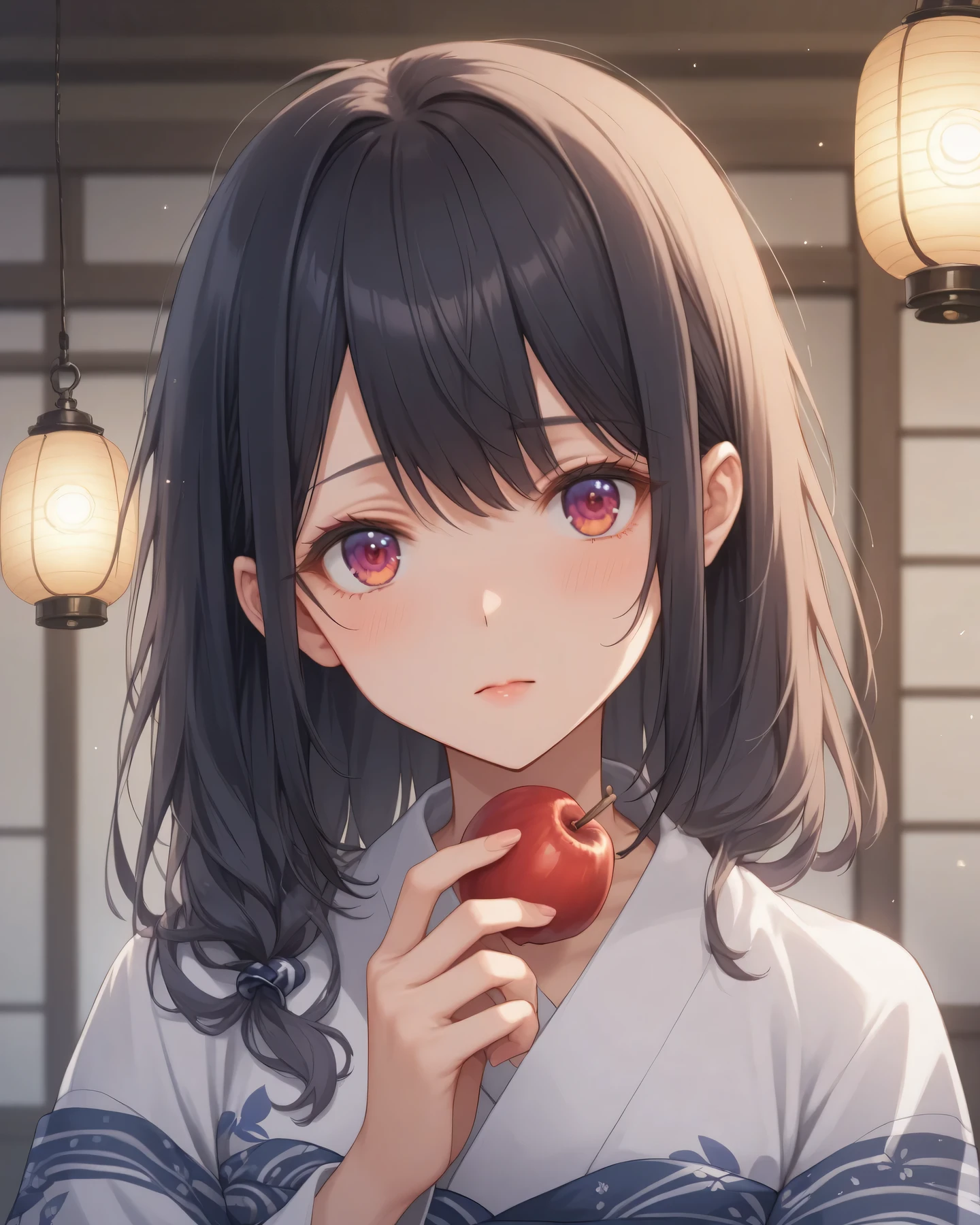 Young Japanese woman in a yukata、anime style、under the cherry blossoms in full bloom、Goldfish pattern on a light purple yukata、candy apple in hand、staring into the distance with a sad expression、Pale moonlight shines in、fantastic and dreamy atmosphere、A fuzzy lantern light in the background、Soft Light and Shadows、Delicate Brushwork、A beautiful Japanese-style view of the world