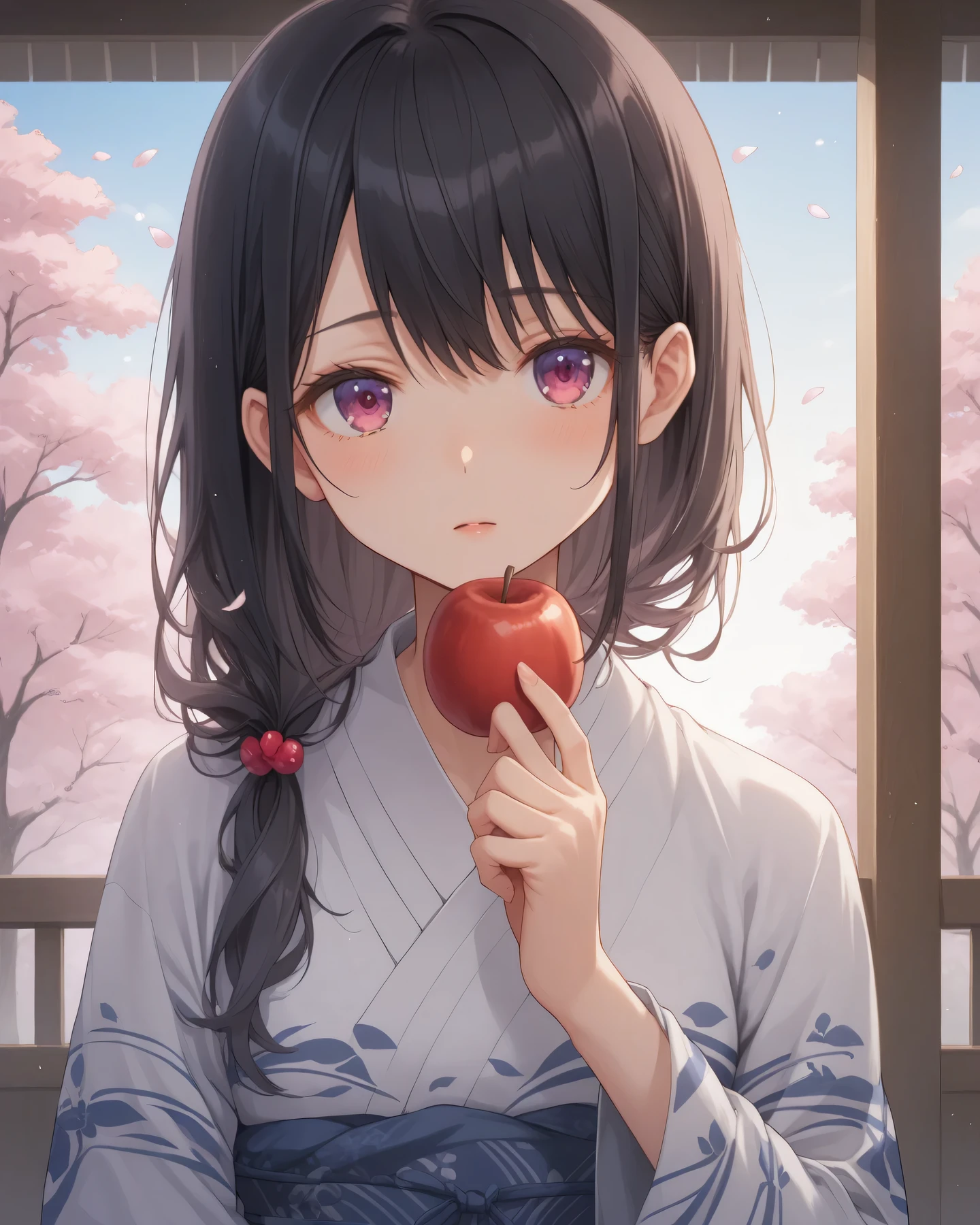 Young Japanese woman in a yukata、anime style、under the cherry blossoms in full bloom、Goldfish pattern on a light purple yukata、candy apple in hand、staring into the distance with a sad expression、Pale moonlight shines in、fantastic and dreamy atmosphere、A fuzzy lantern light in the background、Soft Light and Shadows、Delicate Brushwork、A beautiful Japanese-style view of the world