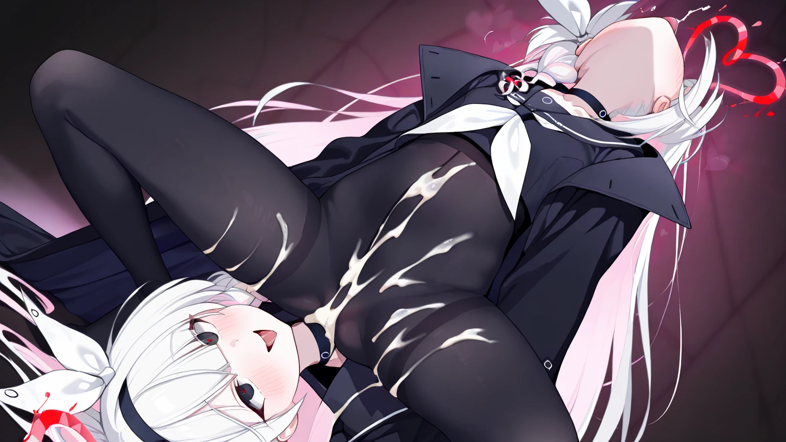 Android girl, long white hair,  body, purple eyes, pale purple-white skin, ball joints, mechanical wolf ears, lusty expression, black leotard, completely naked, legs spread open by tentacles, limbs tied to tentacles, legs spread open by tentacles, pregnant, thick tentacle inserted in vagina, squirting, climaxing, sweating, trembling, convulsing, teary eyes, ahegao face, belly swollen as if pregnant, half naked, lusty expression, trembling, heart mark, highest resolution, highest quality, high resolution