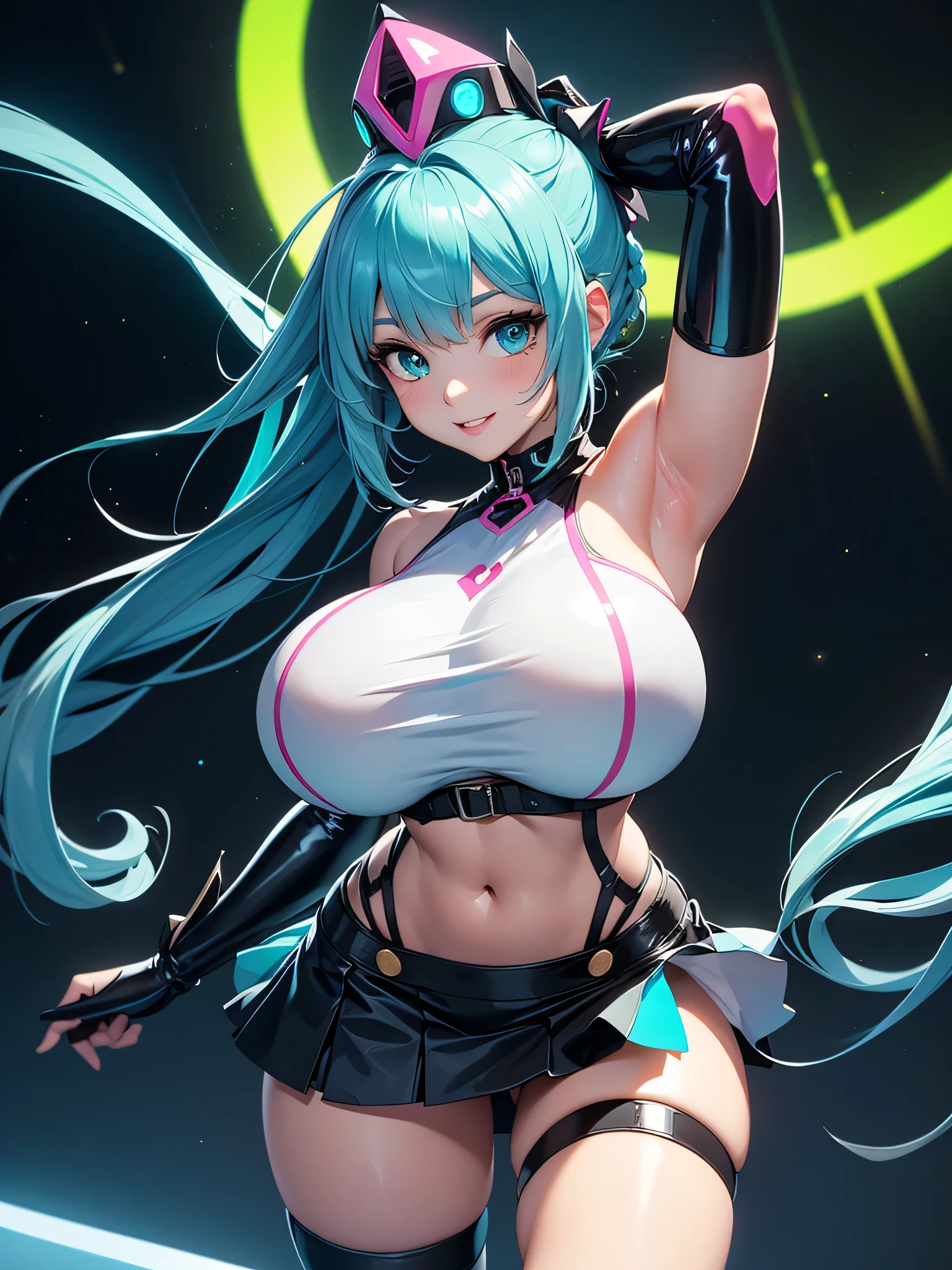 Hatsune Miku,(best quality,4k,8k,highres,masterpiece:1.2),ultra-detailed, Alien Princess, with lightning powers and stylized golden electric armor, Female Commander Invading a city with her Ranger troops behind her, strutting her stuff, Smiling and laughing, Flirting with the viewer, HDR, 8k, absurdres, cinestill 800, sharp focus, add_detail:3 (solo woman) anime Villainess, wideshot, widescreen
