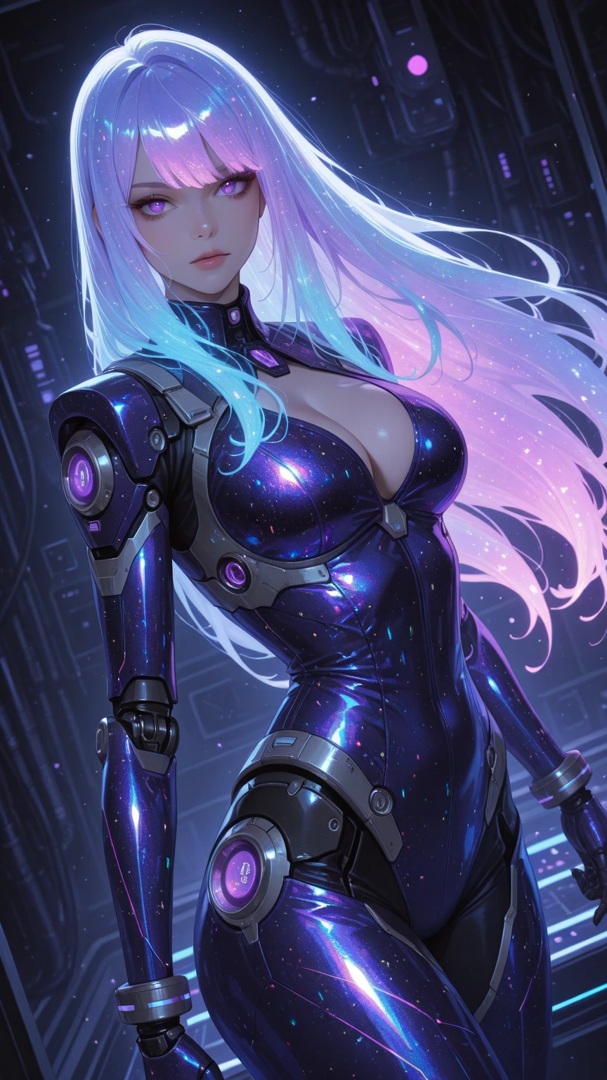 (La mejor calidad,A high resolution,Ultra - detallado,actual),Ariana Grande cyber enhanced female cyborg wearing (Sparkling Bodysuit:1.4) (Amethyst Purple Tulle Skirt with Color-Shifting Glimmer:1.4 ) (Swoop Bangs hairstyle:1.1), (Bride,Siniy Blue color background:1.3), More detailed 8K.motor irreal:1.4,UHD,La mejor calidad:1.4, fotorrealista:1.4, textura de la piel:1.4, obra maestra:1.8,obra-prima, mejor calidad,objeto Objeto], (detailed face features:1.4 ),(Las proporciones correctas),(Ojos hermosos azules:1.4 ),  (pose vaquero),( face detailed :1.4), ,(Cyberpunk alley ruined dungeon ruins background :1.4 ), (dedos hermosos detailed:1.4),( face detailed :1.4), (cyborg white transparent plastic :1.4), (tiene un velo de novia White:1.4), score_9, score_8_up, score_7_up, score_6_up, rating_explicit, 1girl, ((18YO:1.2)), ((pink hair:1)), (long wavy hair pink : 1.2),(Detalles de la cara: 1.5, ojos azules brillantes, hermoso rostro, ojos bonitos, Contorno del iris, labios delgados: 1.5, Thin, sharp pale eyebrows, Long, dark eyelashes, double tabs),(perfect anatomy :1.4), (cyborg transparent mechanical plastic glass :1.4) 
