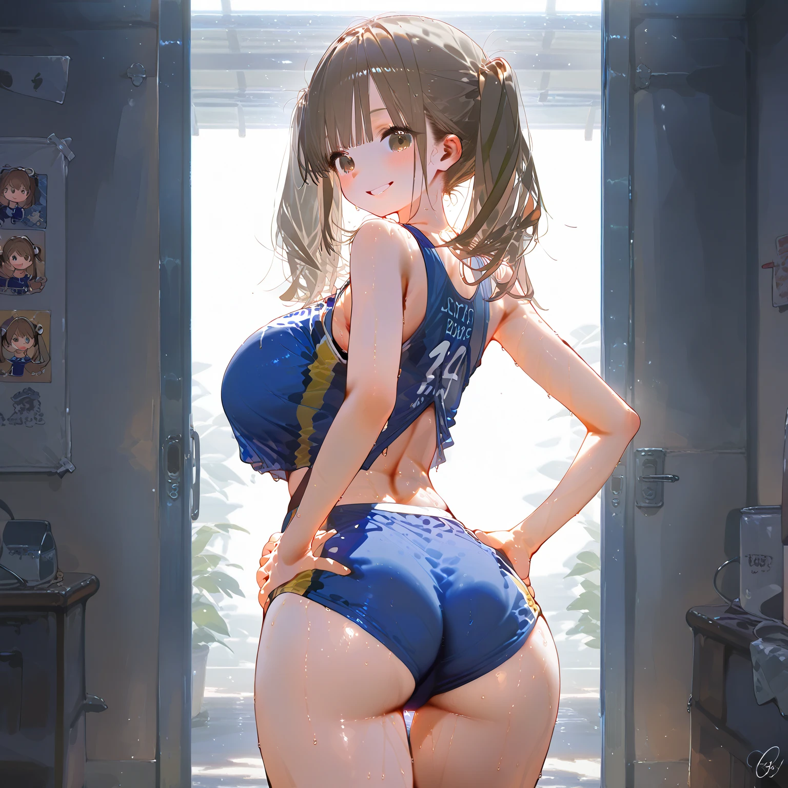 ((very slim)) Riley Reid, ((((huge boobs)))), (masterpiece), (beautiful face), smiling, 8k, (8k), (blue eyes), (best resolution), (best quality), hot gym outfit, at the gym entrance, (full body photo), at a night (((curvy silhouette))), (1girl)