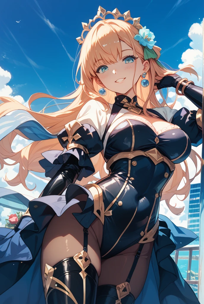 (((masterpiece))), (((best quality))), ((ultra-detailed)), (illustration), ((an extremely delicate and beautiful)), ((super detail)), ((high resolution)), (((20 years old))), metallic cloth, (cheerleader), (super heroine), (android), delicate metal decorations, gleaming skin, shiny body, two legs, breast focus, (((tall))), slender legs, ((big round eyes)), cute eyes, drooping eyes, ((adult)), two hands, five fingers, no extra hands, elegant smile, braid, ((metallic blue)), (see-through), (dark blonde), ((ultra-huge breasts)), (shining brightly), outdoor, mini skirt, daytime, (hair shorter than shoulder), (medium length hair), gynoid, flowers,