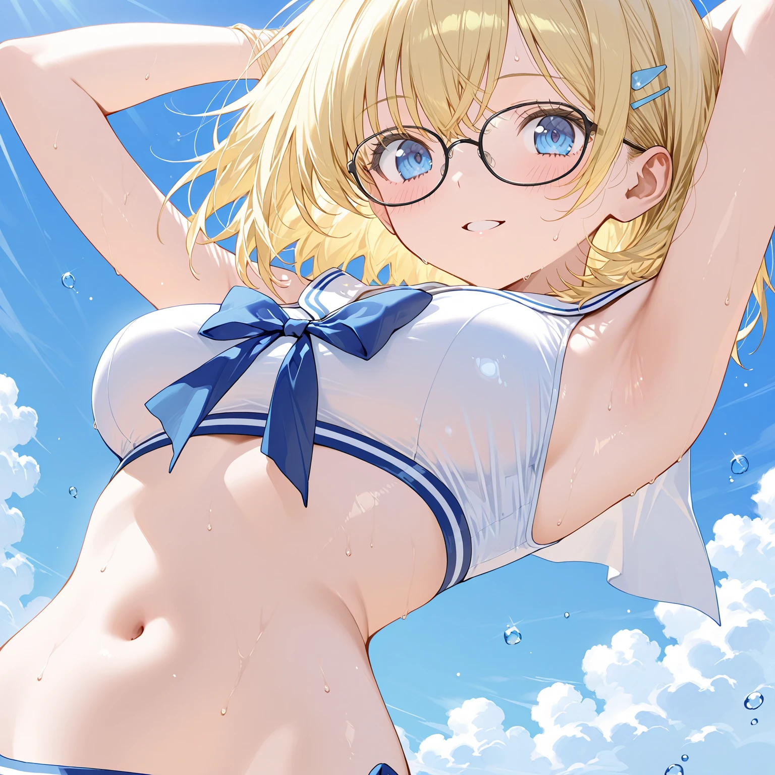 highest quality,wonderful,finely,extremely detailed CG Unity 8K wallpaper, 1 girl, (huge breasts),(arms behind head:1.3), (Light blue striped micro bikini:1.4) black hair, glasses, blue eyes,twin tails,(constriction)