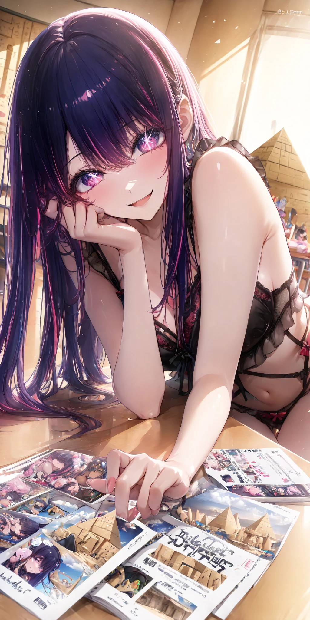 (Best Quality,High resolution,8K,finelity detailed background,Masterpiece:1.2),beautiful girl,Shiny purple hair,messy hair,Purple Eyes,Gentle look,A refreshing look,Best quality,Best Quality,Aesthetic and aesthetic:1.2,Best details((Super detailed))(High-definition CG illustrations),Blue underwear (blue,intricate lace),Slender body,Late Night,Moonlit Night,Bedroom,On the bed,smile,blush,cute,Scrounge,Looking up,Being spoiled,super model,on back,shoot from above