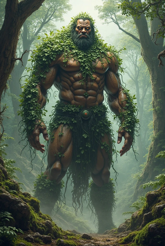 element earth: Depicted as a solid and robust figure, possibly with rock or vegetation features. Colors can be green and brown, with textures that evoke the stability and fertility of the earth.