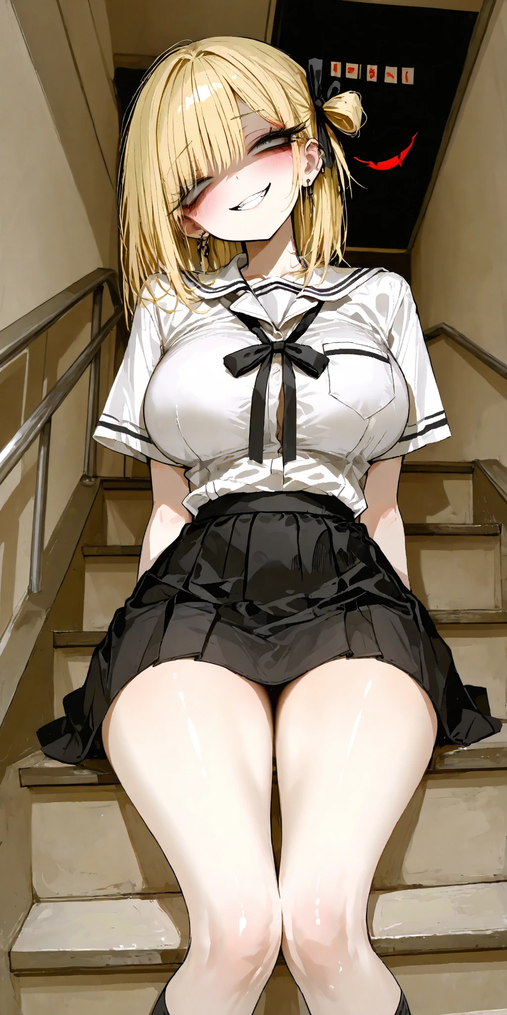 (masterpiece:1.3, highest quality), (realistic, photorealistic:1.4), beautiful illustrations, perfect lighting, colorful, written boundary depth, looking at the viewer, full body, Front view:0.6, 1 girl, alone, Japanese, high school girl, Improve, (large breasts,wide hips,narrow waist, seductive thighs, skin dents),(short hair:1.5),asymmetrical bangs, parted lips, (very tanned and shiny skin),fine hair, beautiful hair, beautiful face, highly detailed face, fine and beautiful eyes, beautiful clavicle, beautiful body, beautiful breasts, beautiful thighs, beautiful feet, beautiful fingers, (beautiful scenery), (blonde:1.5),Gray plaid pleated skirt, black tights, plump thighs, metal collar, ear piercing, red pupil, straight hair, swept bangs, gradient hair, school uniforms, white shirt, tie, ecstatic face, drooling, looking at viewer, (pantydrop, panty pull down, grabbing breasts herself), in the classroom with sunset,( leaning forward:1.2)