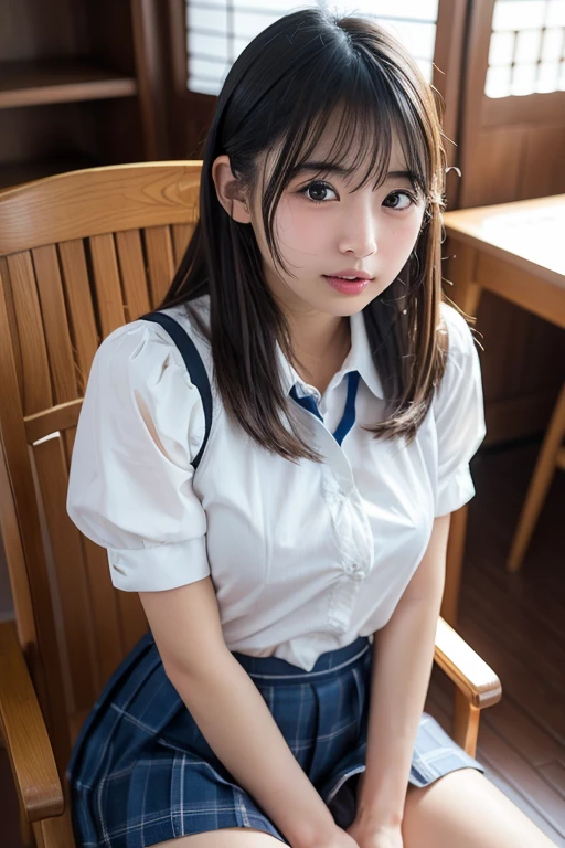 Highest quality、shape、 Very detailed、finely、 High resolution、8k wallpaper、完璧なダイナミックな構shape、Beautiful 17 year old girl、A neat and mature high school girl、Beautiful face in every detail、Beautiful eyes in every detail、Rough skin、A faint smile、Small breasts、Bold sexy pose、((Schoolgirl uniform、Medium Hair:1.4))、((Looking at the audience、smile))、(((Loose tie、open chest shirt:1.3)))、((Sitting cross-legged、I can see your thighs:1.2))