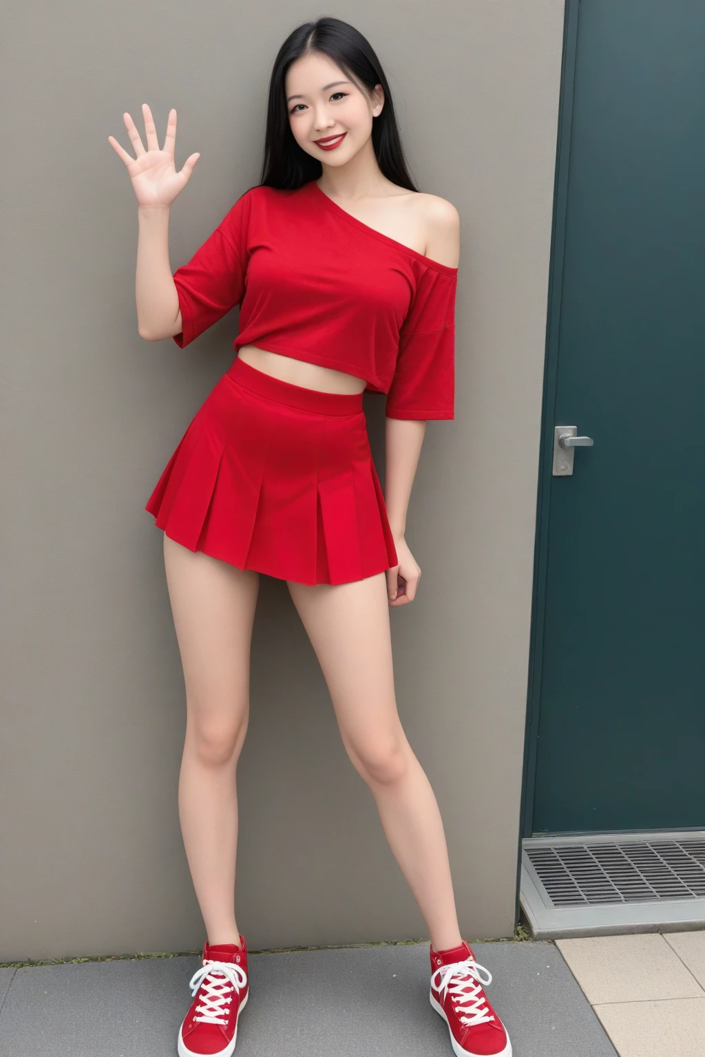 ulzzang-6500-v1.1, (RAW Photos:1.2), (Photorealistic), (Genuine:1.4), １girl、Perfect Anatomy、20 years old、Looking at the camera、Medium Long Hair、T-shirt, red skirt, (( in the beach :1.1))、(Ultra-realistic pantyhose:1.3), (Business services)、Asian Eyes Ella,