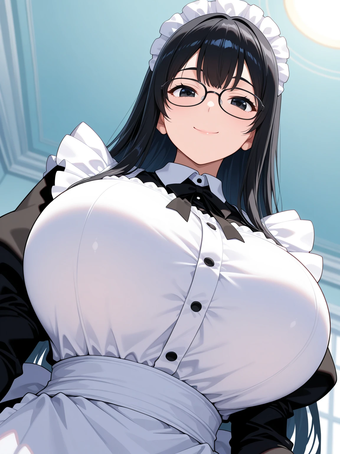 Maid, sexy body, big breasts, cleavage, big hip, stockings, garter belts, blushing, smiling, beautiful face, detailed face, detailed eyes, long black hair, blue eyes, full body, high quality, bedroom, dildo, chubby