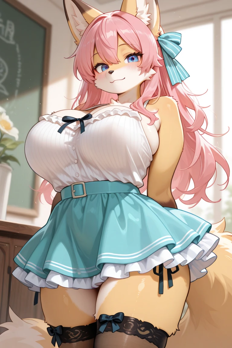 absurd, 8K, high resolution, ultra detailed, beautiful, masterpiece, best quality, very pretty woman, young, very pretty woman, sexy, (very big boobs:1.3), Detailed woman's face, very attractive, (long tight skirt:1.4), (blouse:1.1), full body, tights, detail_face,tamamonm, pink hair, hair between eyes, sidelocks, short twintails, yellow eyes, animal ears, fox ears, fox tail, blue bow, large bow, hair bow, large breasts,