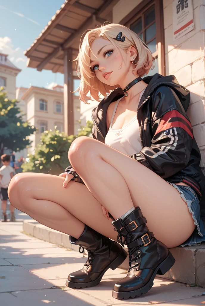 a casual/girly outfit with Denim shorts, pantyhoses kind mini black fishnets or another ones & 👟👟 posing or running or sitting or modeling 