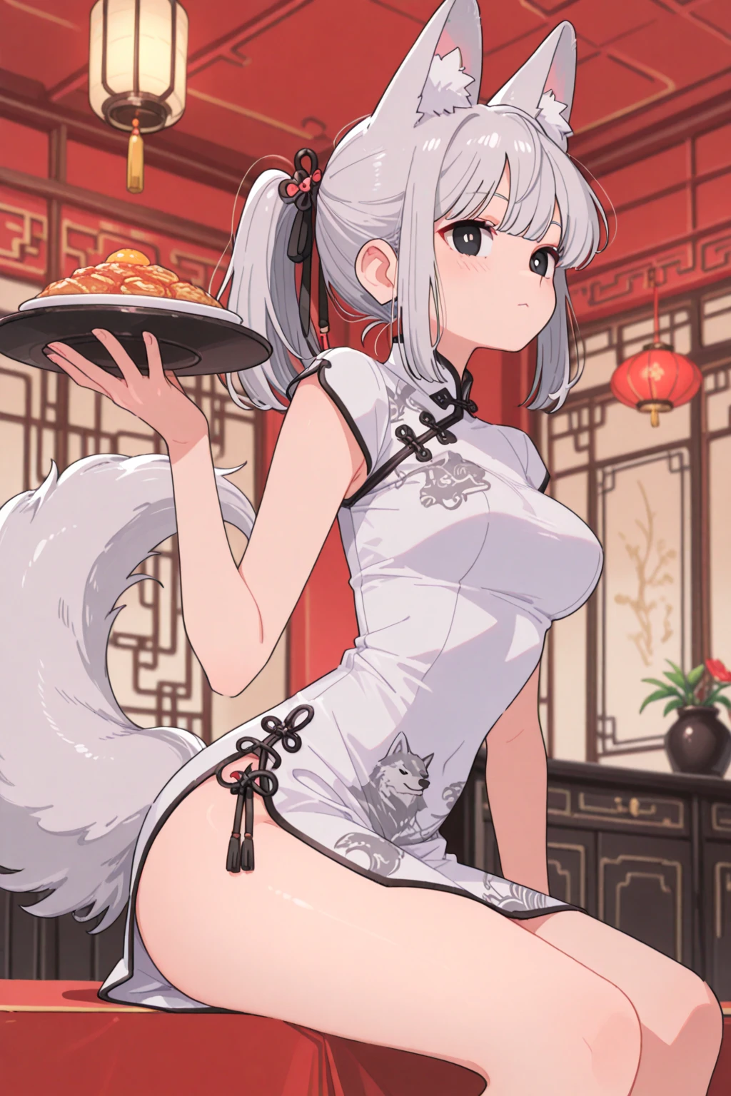 Silver Hair、Red Eye、Fox ears、girl、Small breasts、ponytail、girl、Small breasts、Lolita、Bright smile、Looks about 15 years old、Petan Musume、short、目のhighlight、Sexy thighs、Wearing china clothes、Showing armpits、Your eyes are so beautiful、highlight