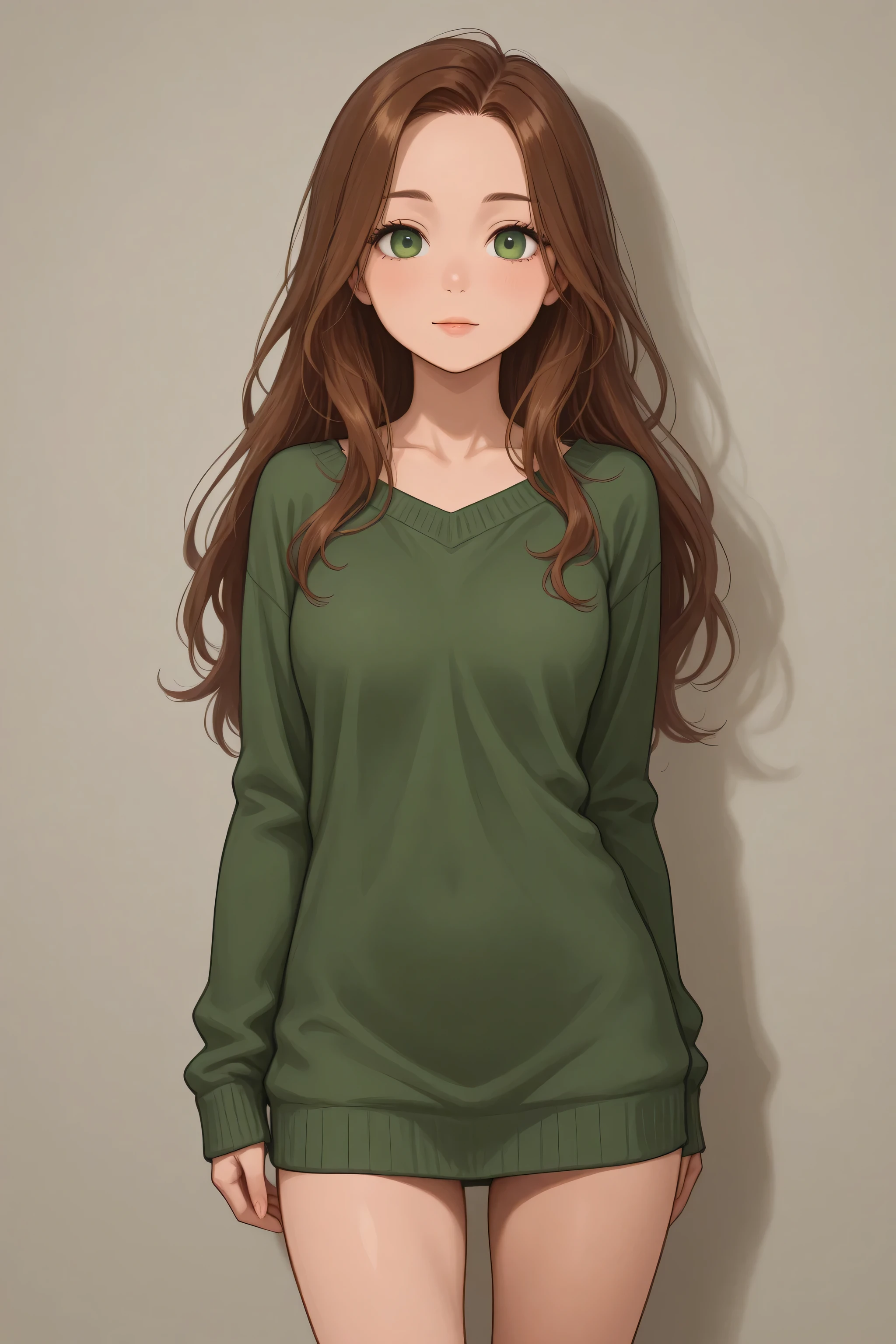 Girl with long brown hair and green eyes standing