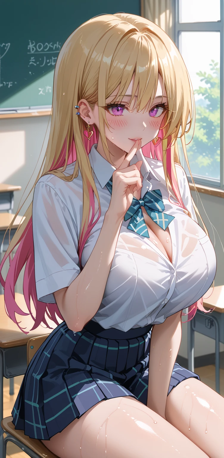 (masterpiece、Highest quality、Very detailed))、One girl、gyaru、Blonde、Long Hair、Diagonal bangs、Grey Eyes、evil smile、((Grin))、((Very large breasts))、((White collared shirt))、Short sleeve、((open clothes))、((Sweat))、((nipple))、((Black pleated skirt))、Cowboy Shot、((povbreastgrab))、((1boy hand))、((Grab the chest from the front:1.5))、((A man's arm clutching his chest:1.5))、((POV hands:1.5))、((Man's hands clutching his chest:1.5))、Gym storeroom