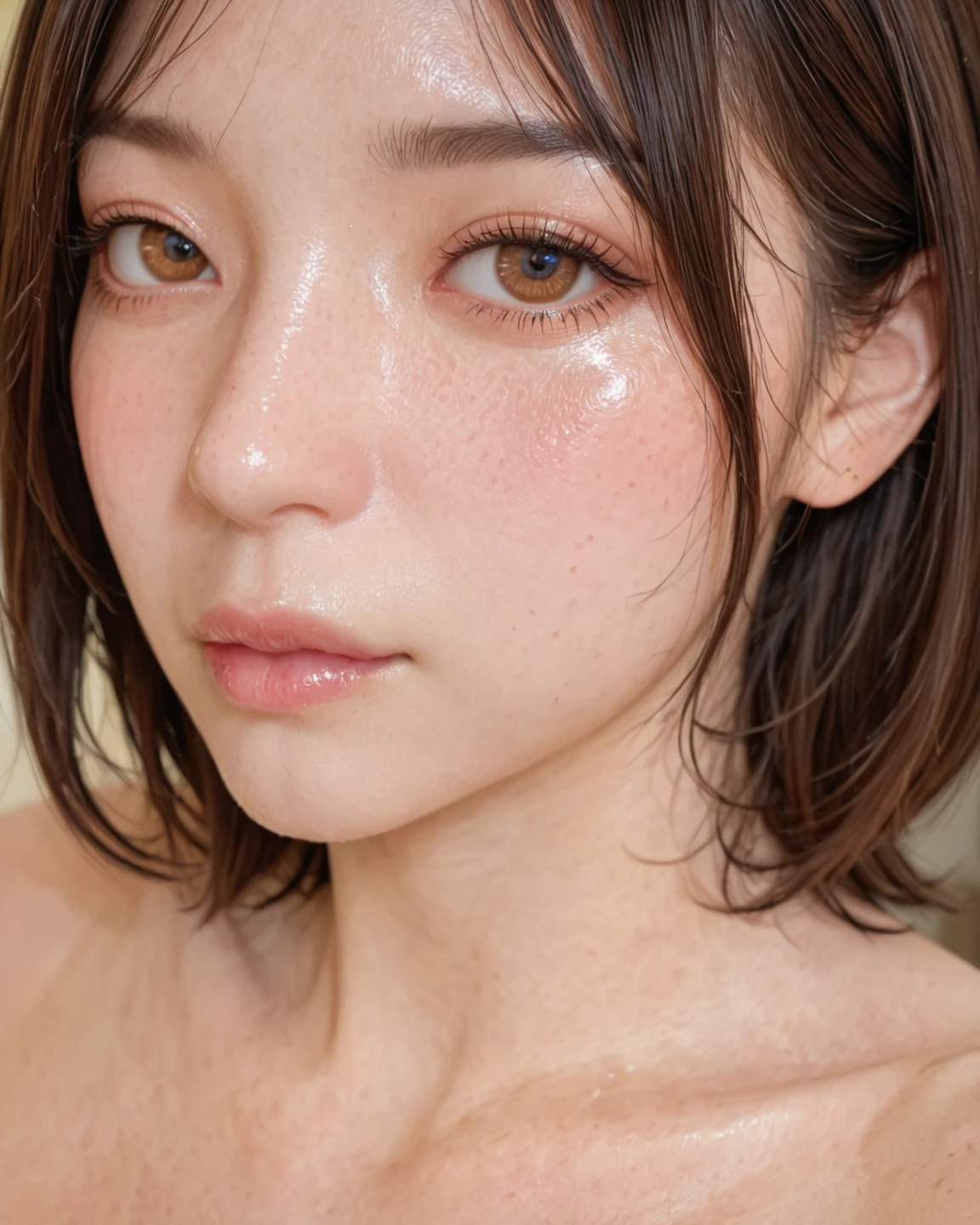 20 year old cute Japan woman, ((Extremely precise and accurate anatomy:1.0)), (Highest quality realistic skin textures:1.6), clean and glowing skin, thin:1.2, mesh, (Enhances the beauty of skin texture:1.2), The texture of each individual hair, long and delicate lashes, Beautifully trimmed eyebrows, Facial pores, Detail of blood vessels in the white of the eye, Thin and visible capillaries in the skin, (photo realistic:1.4), (Hyper realistic:1.4), (Improvement of quality:1.4), (Realistic lighting:1.3), Backlight, A gentle light that illuminates the face, Ray Tracing, (Bright light:1.2), (Smoother lighting:1.05), (Improving the quality of cinema lighting:0.9), 32k, One Japanese woman, fine grain, Detailed face, (Film Grain:1.1), (Natural smile:0), (Accentuates body lines:1.1), High resolution, Natural look, Kind eyes, Delicate light and shadow, Clear skin, Graceful Pose, Beautiful Eyes, Sharp details, Soft light reflection, Beautiful contours, Delicate skin tone, Natural background, Natural poses in everyday situations, Extremely fine detail, Lora Style