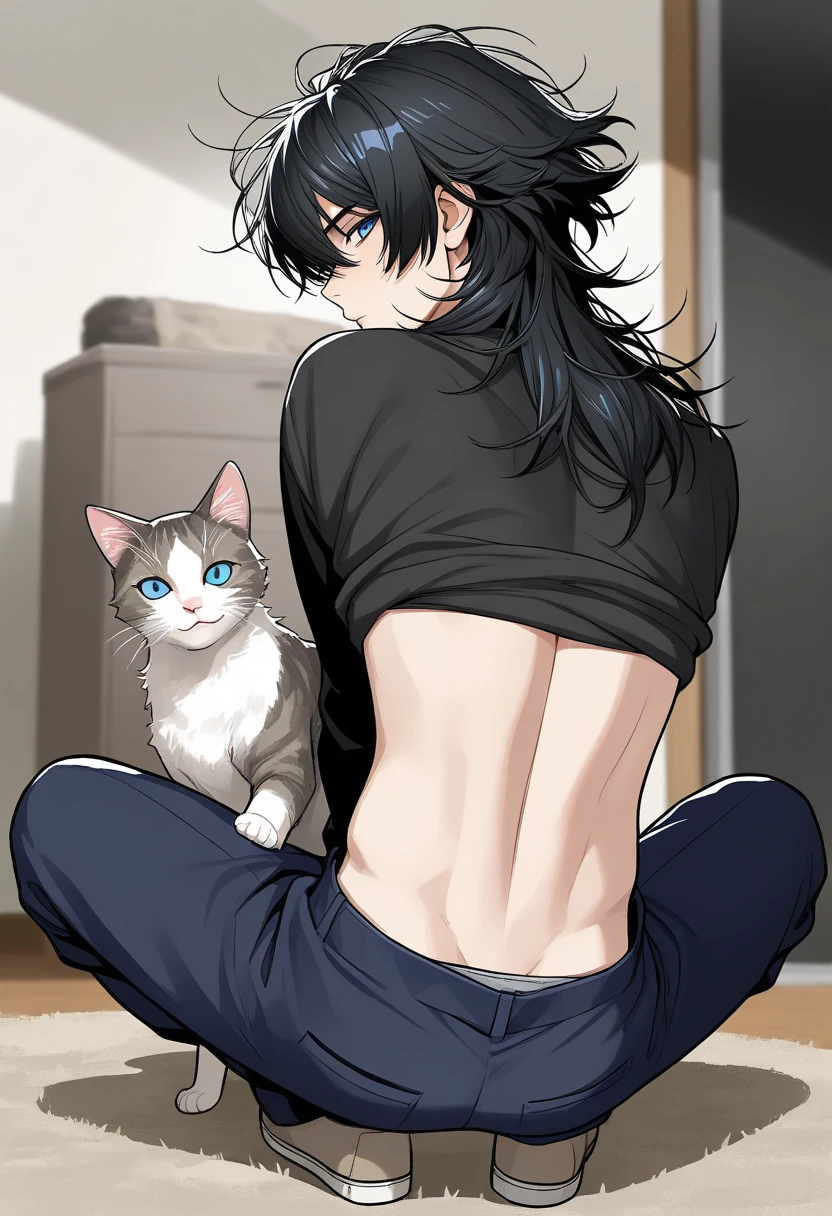 25 years old man, black skin, dreadlocks, brown hair, yellow eyes, tall, with a cat