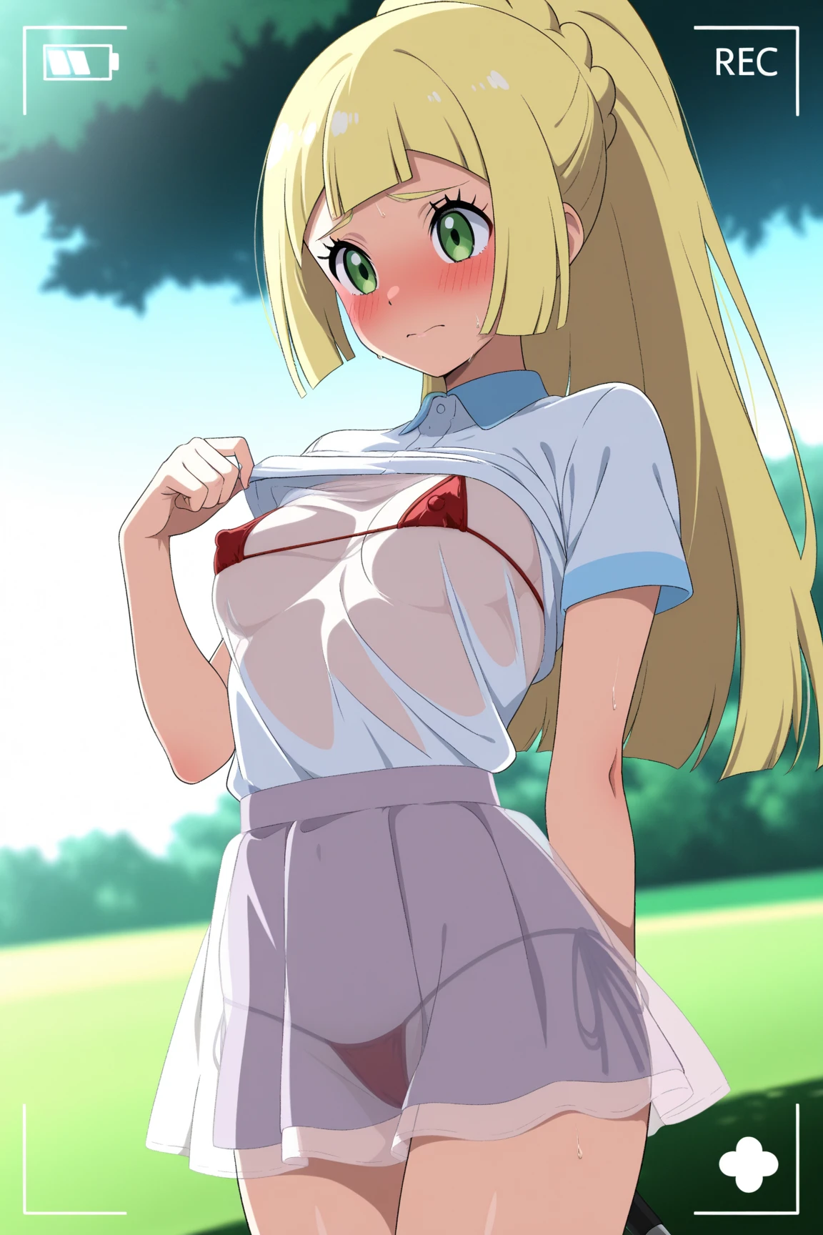 Bratty little sister, brat, bratty, little sister, unkowingly teasing me, sister, young, kid, short skirt, tight panties, tight shirt, outside, backyard, sunlight, trees, open area, blonde, blue eyes, cute, sexy pose, bratty grin, nipple outline in shirt, cameltoe, pissing herself, 