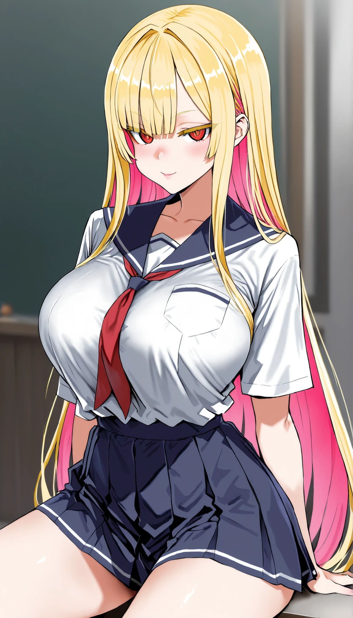 (masterpiece, highest quality:1.2), cowboy shot, alone, 3 girls, Kasukawa Sasara, smile, looking at the viewer, Put your own hands together, ribbon, , serafuku, long sleeve, pleated skirt, Thighhighs, Cherry tree、camel toe、huge tit、?????? puff、cleavage、Plump、Super big breasts、super big butt、Temptation、lure、My chest is about to explode、The student council room、Talked