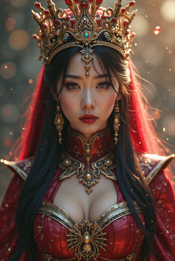 Compose a striking and cinematic photograph featuring a beautiful Malay woman in hijab and wear summer outfit seated on a throne as the leader of a mafia gang, surrounded by her loyal male followers. Use dramatic and moody lighting techniques to create a compelling atmosphere that highlights the intensity and power dynamic within the group. Pay special attention to the woman's confident and enigmatic expression as she commands the respect and allegiance of her followers. Capture the essence of their unity and authority, evoking a sense of intrigue and strength that defines their presence in the underworld."