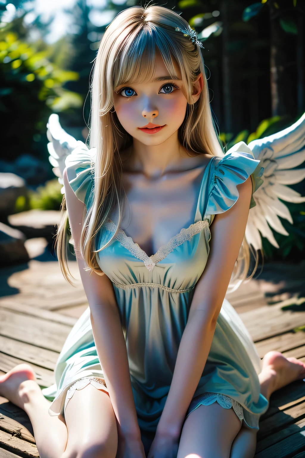((Masterpiece, Top Quality, High Resolution, Perfect Pixels, 8k)), Western Temple background, one girl, Westerner, idol, cowboy shot, ((very long hair, blonde)), huge angel wings on her back, pure white Greek mythology clothes, singing, ((brown eyes brown eyes, beautiful eyelashes, realistic eyes))), ((detailed face, blush: 1.2))), ((smooth texture: 0.75, realistic texture: 0.65, dynamic angles, perfect body, shot from above