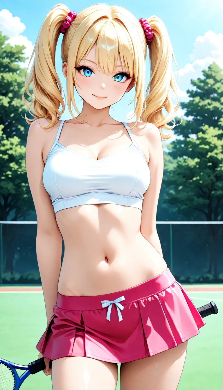 masterpiece, best quality, highly detailed, ultra high res, ayase arisa, 1girl, solo, hazel eyes, hair ornament, short ash blonde hair, side ponytail, glossy lips, cheerleader, pink thigh highs, looking back at viewer, school field, medium breasts, halter top