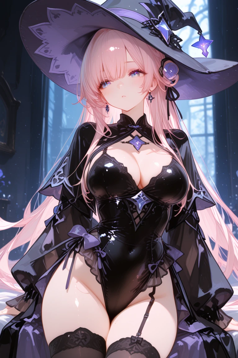 masterpiece,highest quality,(Super detailed),written boundary depth,perfect sentence, Detailed CG,Super detailed,(highly detailed eyes,very cute face,highly detailed face:1.3),beautiful anime girl,(solo girl:1.9),(super huge breasts:1.9),(pink hair,low twin tails:1.5),(light blue eyes:1.3),(smile full of joy:1.3),open your mouth,show viewer,break,(Black Witch's Robe,big witch hat:1.5),black capelet,Black slip dress,black elbow gloves,break,(spooky forest background:1.5),floating purple light,night,Crescent Moon,(Beckon,Angle from the side:1.5),(Are standing,cowboy shot :1.5)