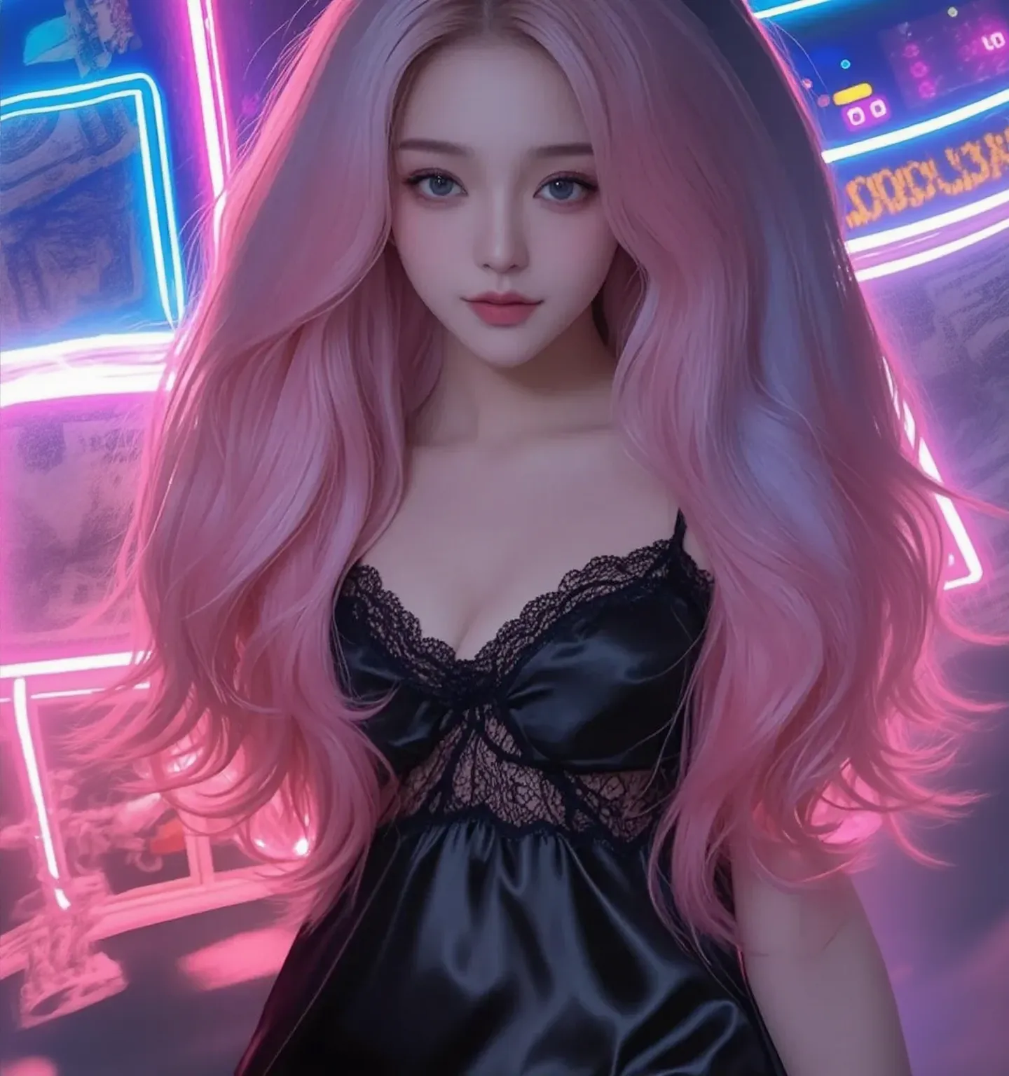 Anime style woman, thin, slender, tattooed, pierced, beautiful shining hair, iridescent eyes, slanted eyes, wavy hair, gentle and attractive, bare shoulders, delicate and sexy collarbone, attractive oval face, double eyelids, pink lips, small nose, focused face, ultra high definition, ultra detail, elegant standing posture, ultra ultra fine translucent luxury Starry mini dress, Glittering skin, realistic urban background, neon lights