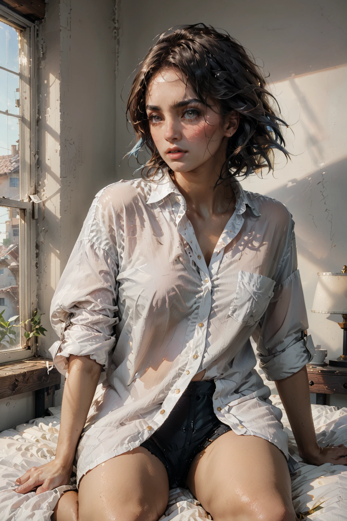 art, absurd, award-winning photo, extremely detailed, amazing, fine details, extremely detailed eyes and face, by lee jeffries nikon d850 stock photo 4 kodak portra 400 camera f1.6 lens rich colors, hyper realistic texture, dramatic lighting, unreal engine, artstation cinestill 800 tungsten trends, disney pixar style, woman, girl, 40 years old, brazil, blonde, fair skin, white shirt with pocket, black collar and sleeves and tight, waist-up style, beautiful, thin face, brunette hair, show more shirt, show more body, tight shirt, large breasts from medium to large, very beautiful woman, model style, only half body, gray gradient background